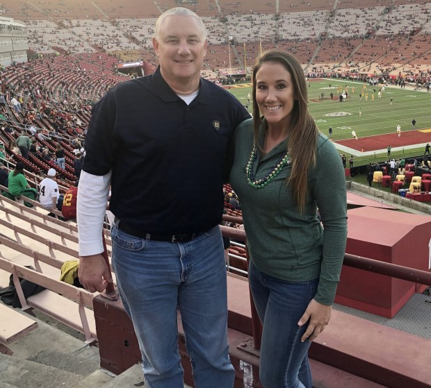 Keith Wright and his daughter, Kristina Huffman, attended his University of Notre Dame vs. University of Southern California in 2018. (Courtesy Keith Wright)